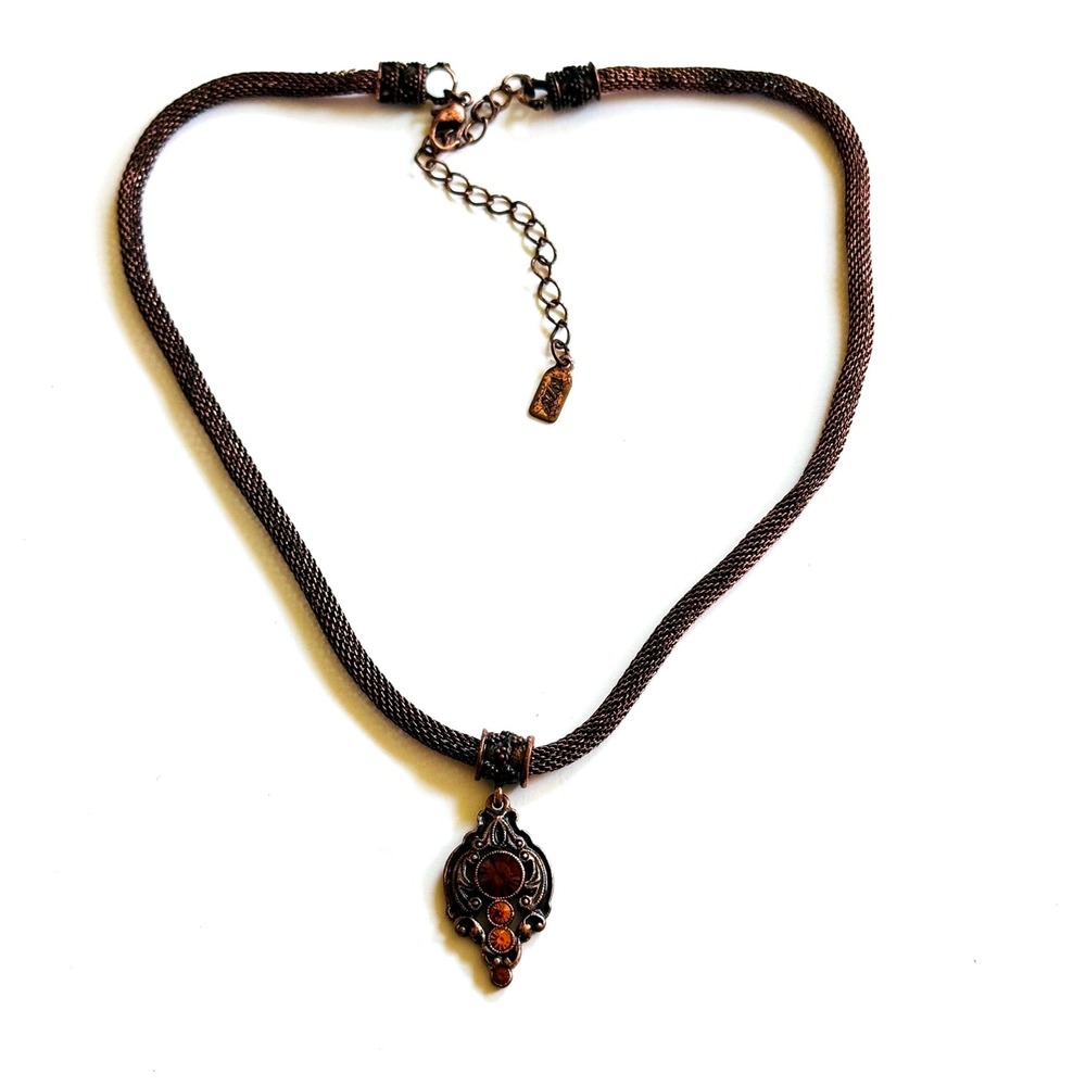 VTG 1928 Collection mesh Necklace copper crystal collar Signed Luxury signed 19"